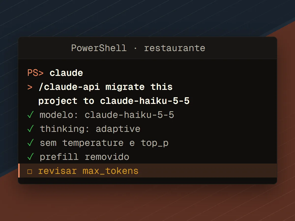 Terminal com o Claude Code executando a migração de um projeto para o claude-haiku-5-5