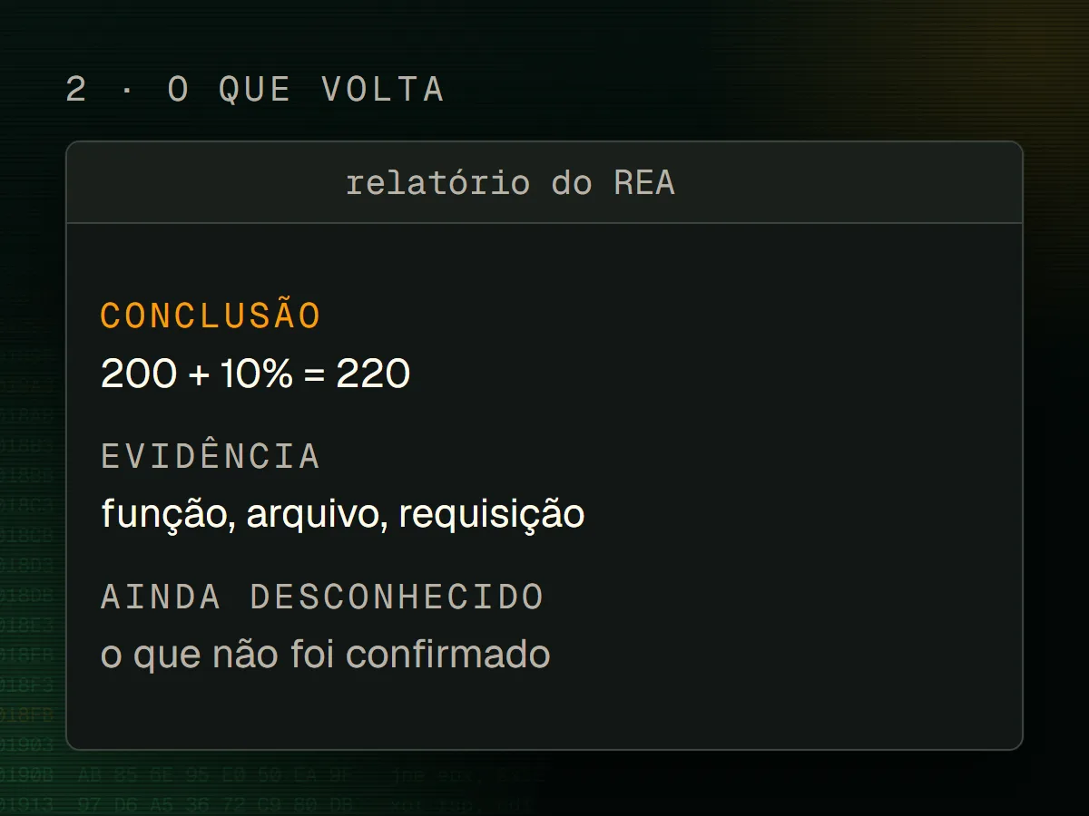Saída do REA no terminal com conclusão, evidência por função e lista de pontos desconhecidos