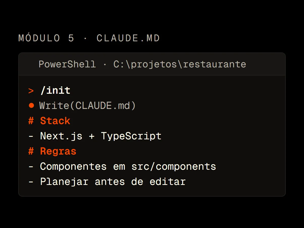 Terminal com o Claude Code gerando o CLAUDE.md pelo comando /init com as regras de um projeto Next.js